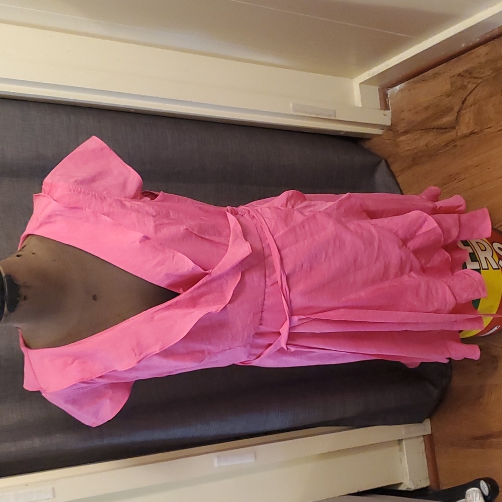 Bubble gum pink faux wrap dress